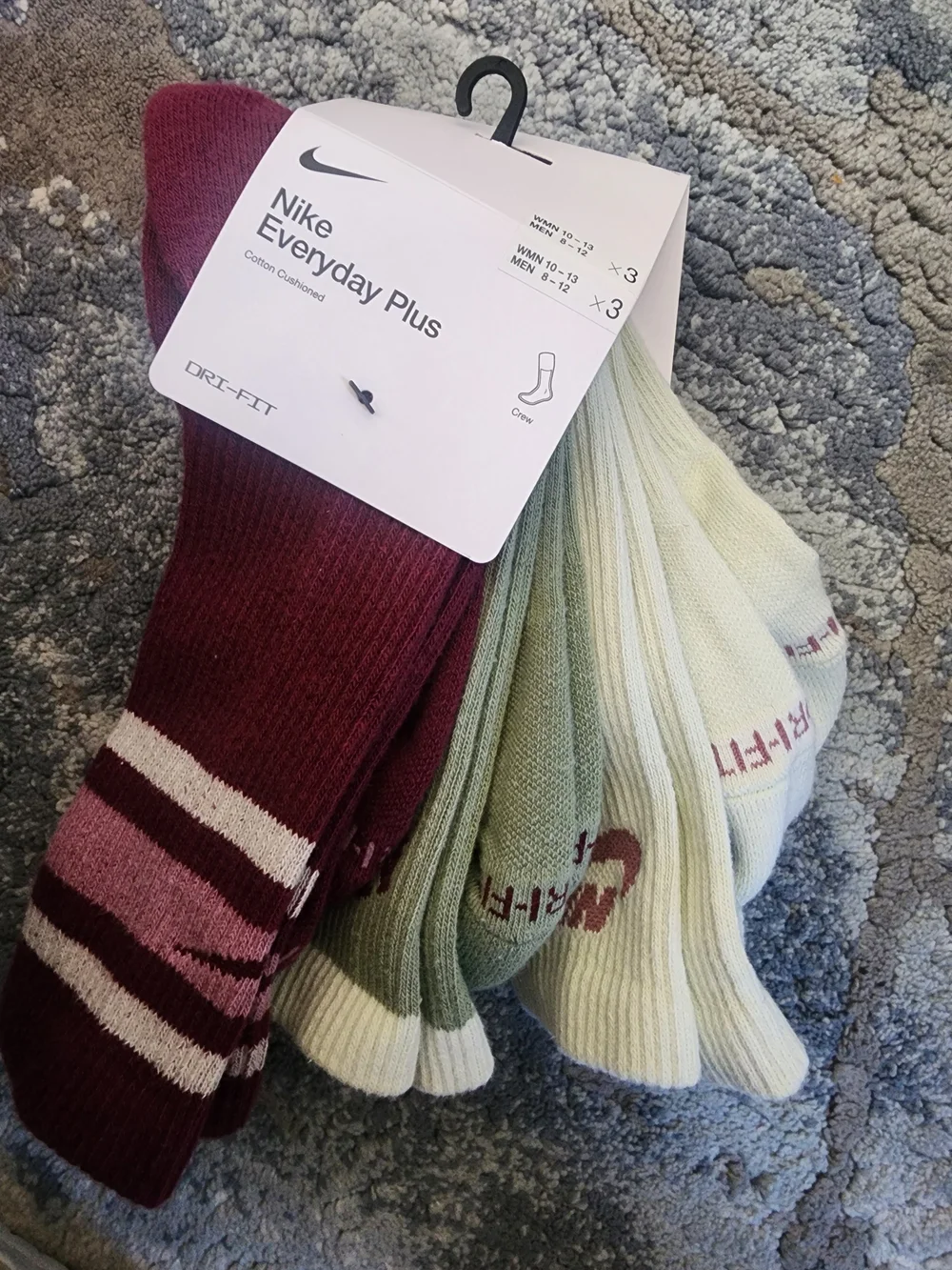 Nike Everyday Plus Dri-FIT Cushioned Crew Socks 3 Pack Multicolor L NWT